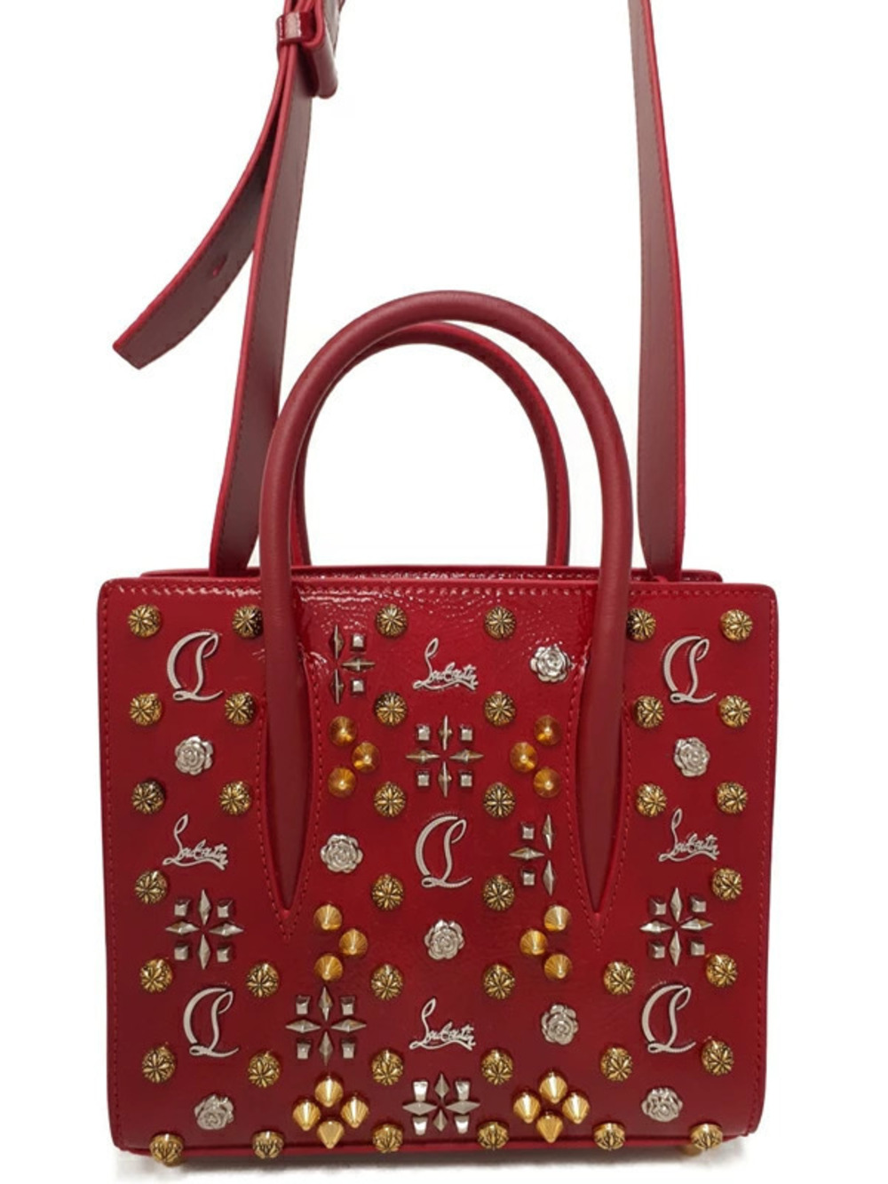 Christian Louboutin red leather Paloma Tote spikes floral flower appliques